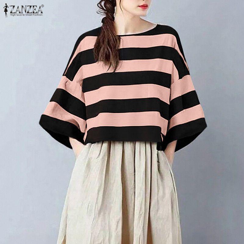 ZANZEA Dámská ležérní halenka s kulatým výstřihem a 3/4 rukávem s volným pruhem