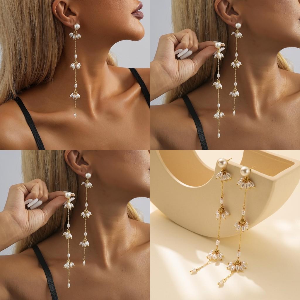 Stylish Copper Gold Chain Dangle Earrings With Faux Pearl Accents