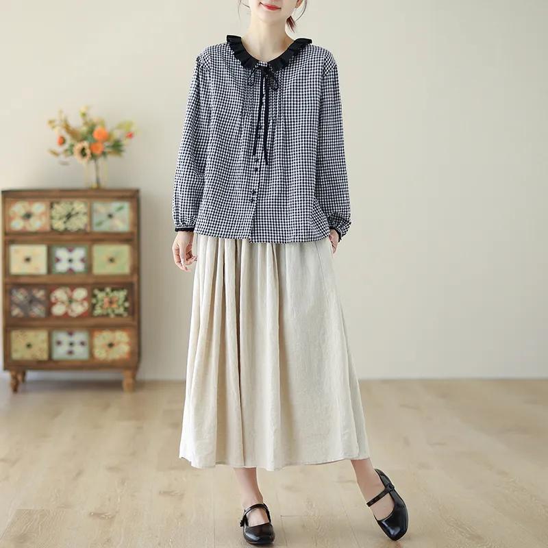 Women  Cotton Linen Thin Pleated Collar Shirt Casual O-neck Long Sleeve Plaid Print Blouse