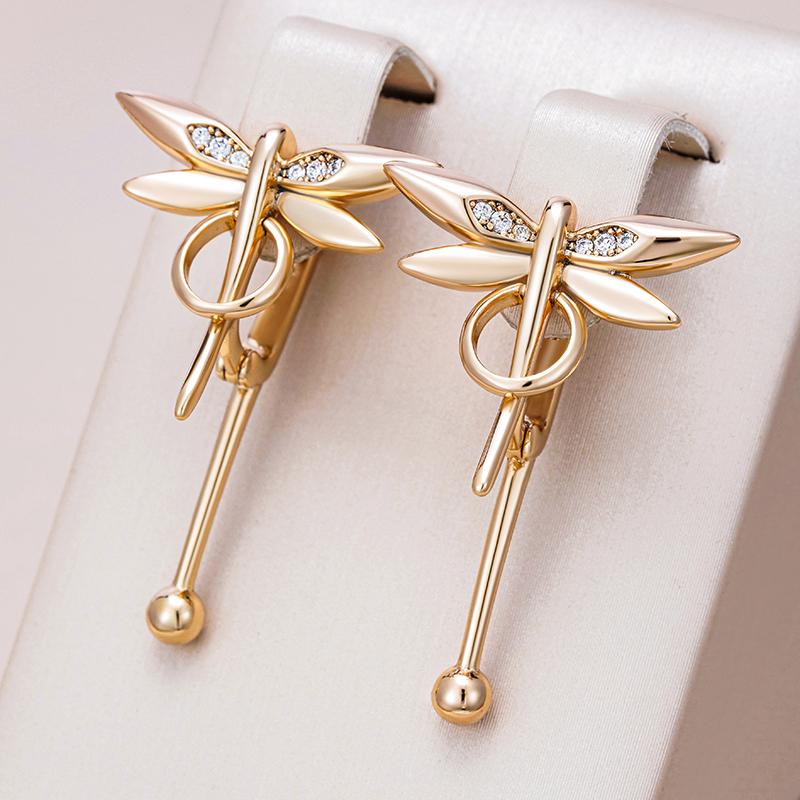 Fashion Glossy Dragonfly Long Drop Earrings For Women  Rose Gold Color Natural Zircon Accessories Daily Fine Jewelry