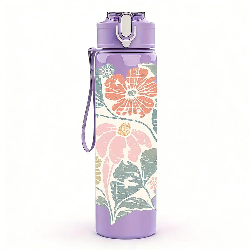 1PC Vintage Soft Floral Bouquet Print 750ml Color Plastic Sports Water Bottle Leakproof Flip Straw Lid Suitable for Sports Office Home Use
