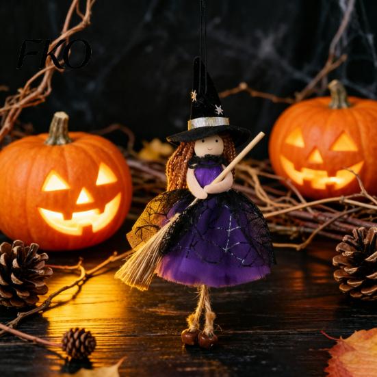 Hochwertige Halloween-Dekoration Hexe Puppe mit Besen, Kleine Hängende Figur Spukiger Tüllrock für Spukhaus, Tür Fenster