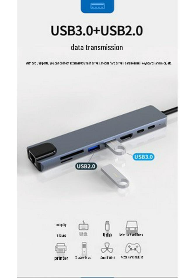 Cross 8-in-1 Type-C Docking Station: Multi-Functional Hub with Network Port, HDMI, and Card Reader for Phones and Computers