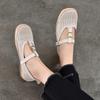 Johnature Retro Genuine Leather Soft Soled Hollow-out Sandals Round Toe Belt Buckle Flat Women's Shoes