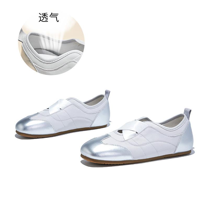 Leather Little White Shoes Women's Autumn New Fashion Single Shoes Flat Bottom Cross Elastic Band Niche Single Shoes Ballet Style