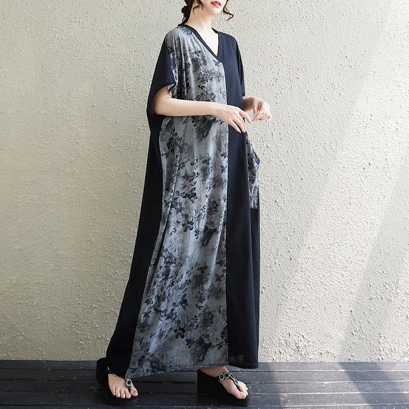 DIMANAF 2025 Women Plus Size V-Neck Summer Dress Printing Casual Basic Short Sleeve Dress Loose Long Dress