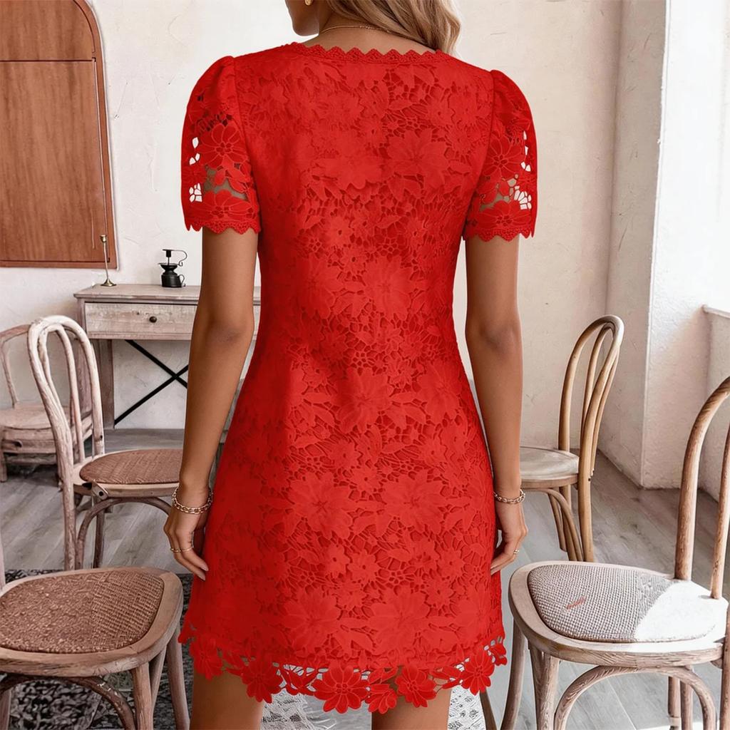 Vestido de Renda Quadrado com Recortes de Renda Moda Verão Feminina