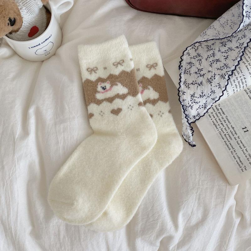 Cartoon plush socks women's medium tube socks autumn and winter plush warm cute bow puppy Australian velvet winter sleep socks