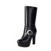 Womens Mid-Calf Chunky Heel Knight Boots With Buckle Platform PU Leather Side Zip Fall Winter
