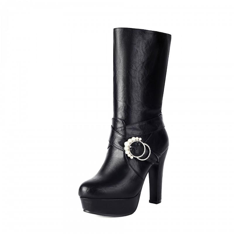 Womens Mid-Calf Chunky Heel Knight Boots With Buckle Platform PU Leather Side Zip Fall Winter