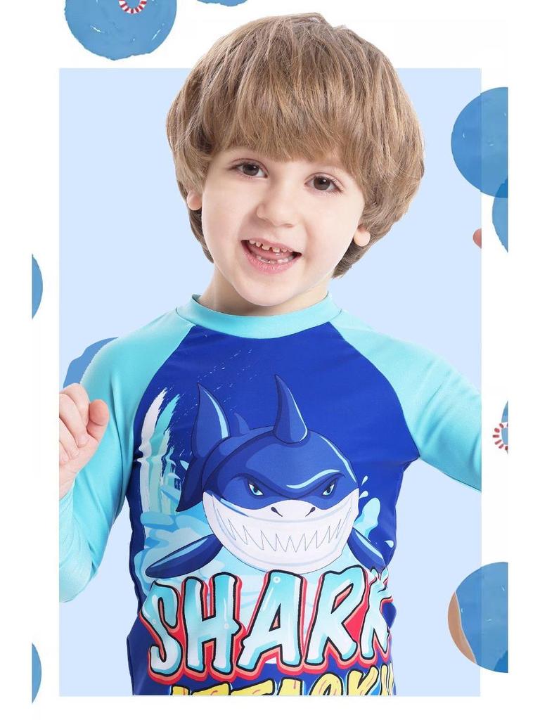 Traje de baño de dos piezas de manga larga con estampado de tiburones para niño - Estilo 2025