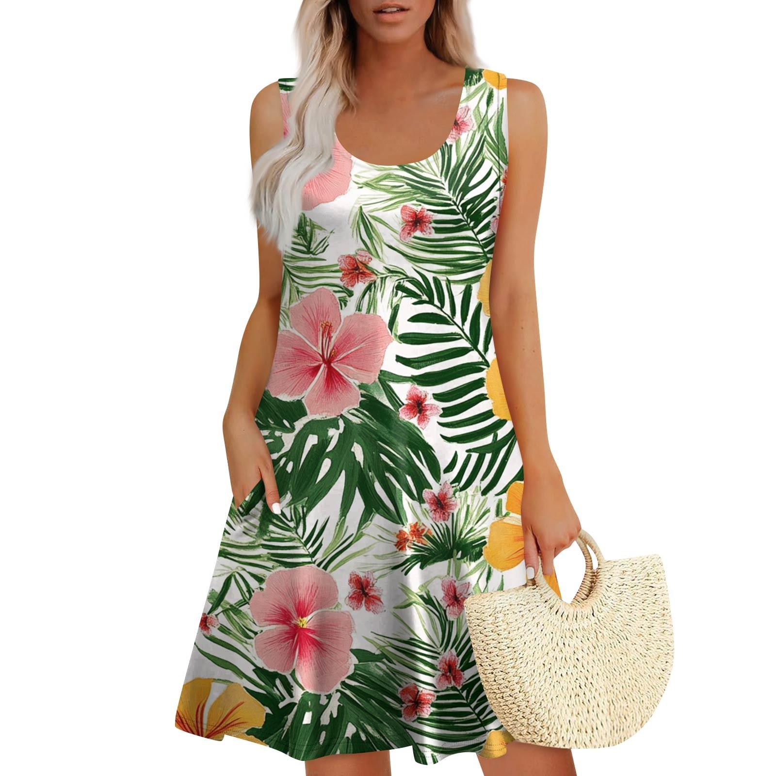 

Женское летнее повседневное платье без рукавов с квадратным вырезом и цветочным принтом, с карманами M розовый