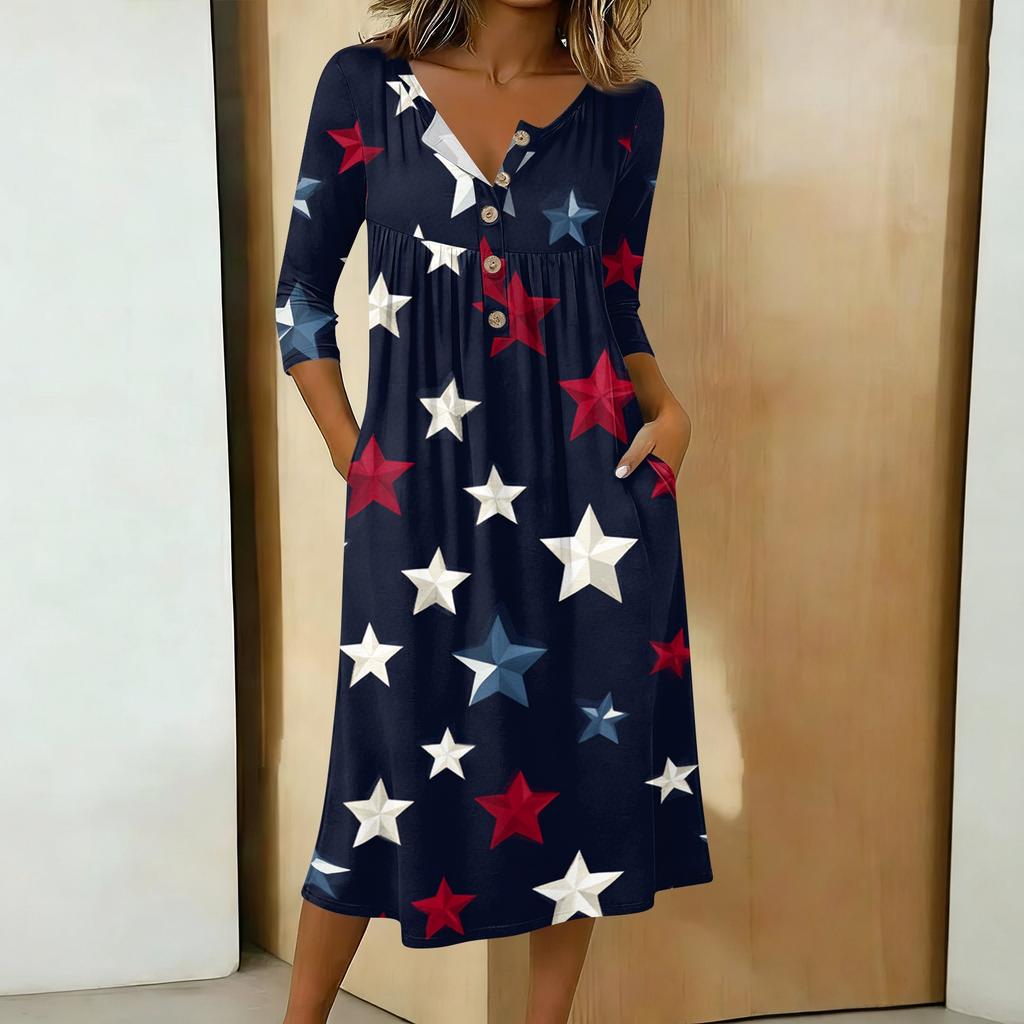 Women's Casual 3/4 Sleeve Button Neck Mid-Length Dress with Abstract Print and Loose Fit for Everyday Wear