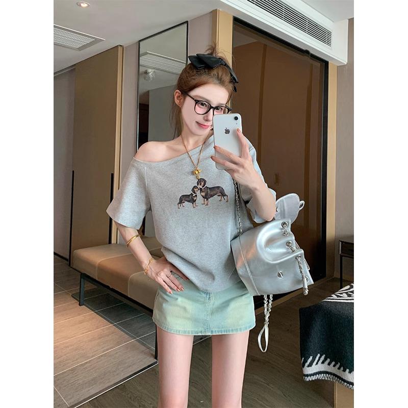 

Women s 2025 Spring American Off-Shoulder Cotton T-Shirt - Loose Fit, Short-Sleeved, Casual Style XL