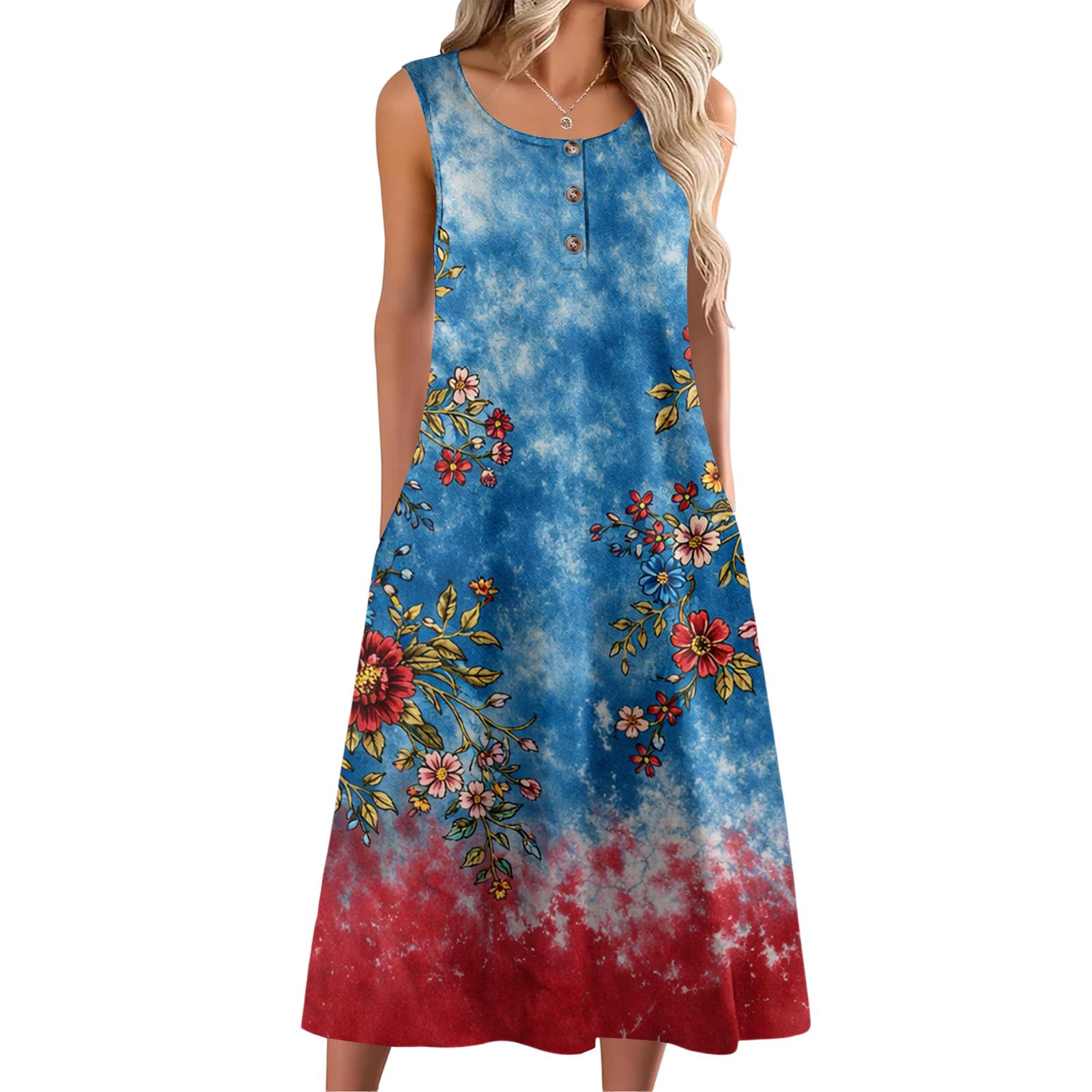 

Women Fashion Casual Sleeveless Button Independence Day Printed Dress With Pocket XL небо синє кольору
