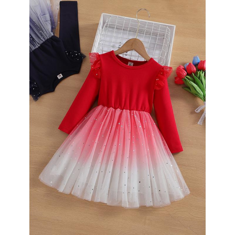Autumn New Girls' Dress Stylish Starry Sky Mesh Puffy Dress Little Girl Stylish Princess Dress Gown