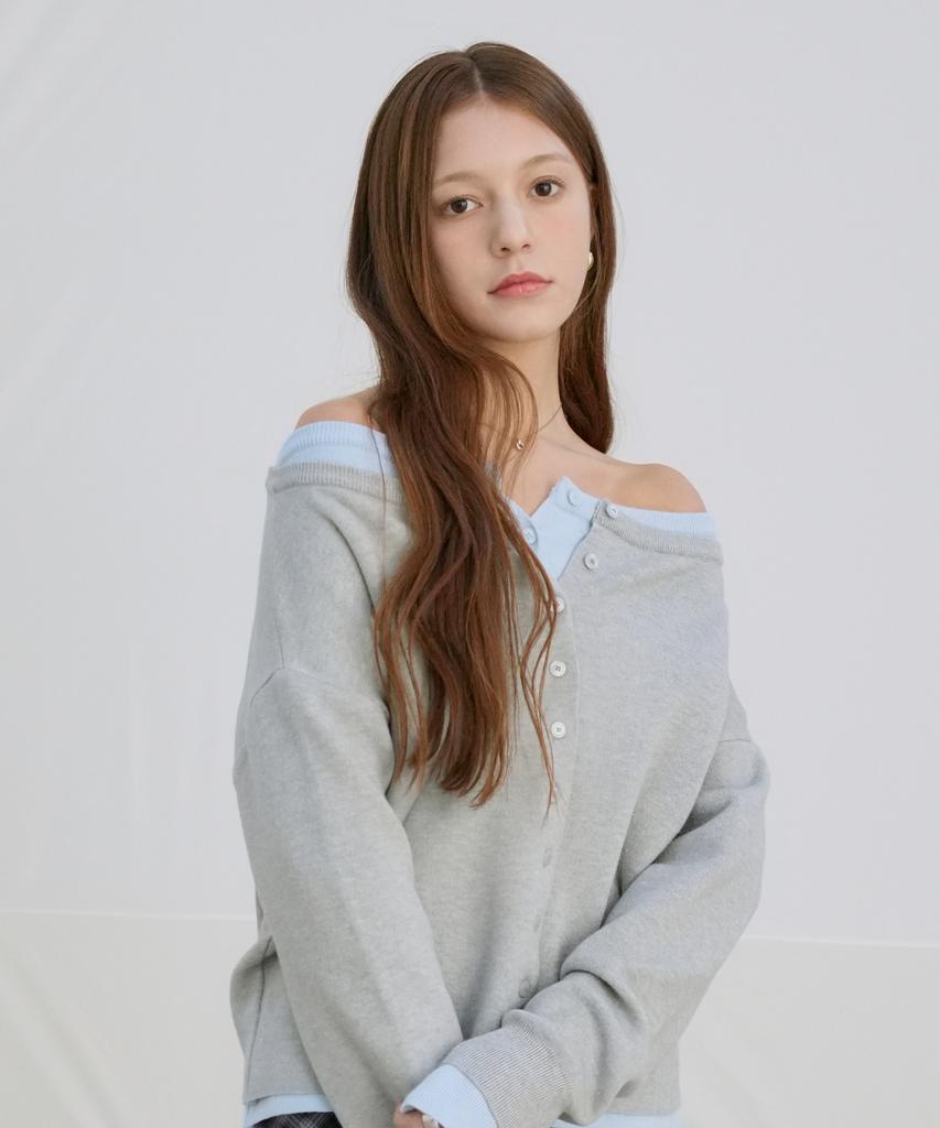 VLETI Two-Way Off-Shoulder Basic Cardigan (Gray)