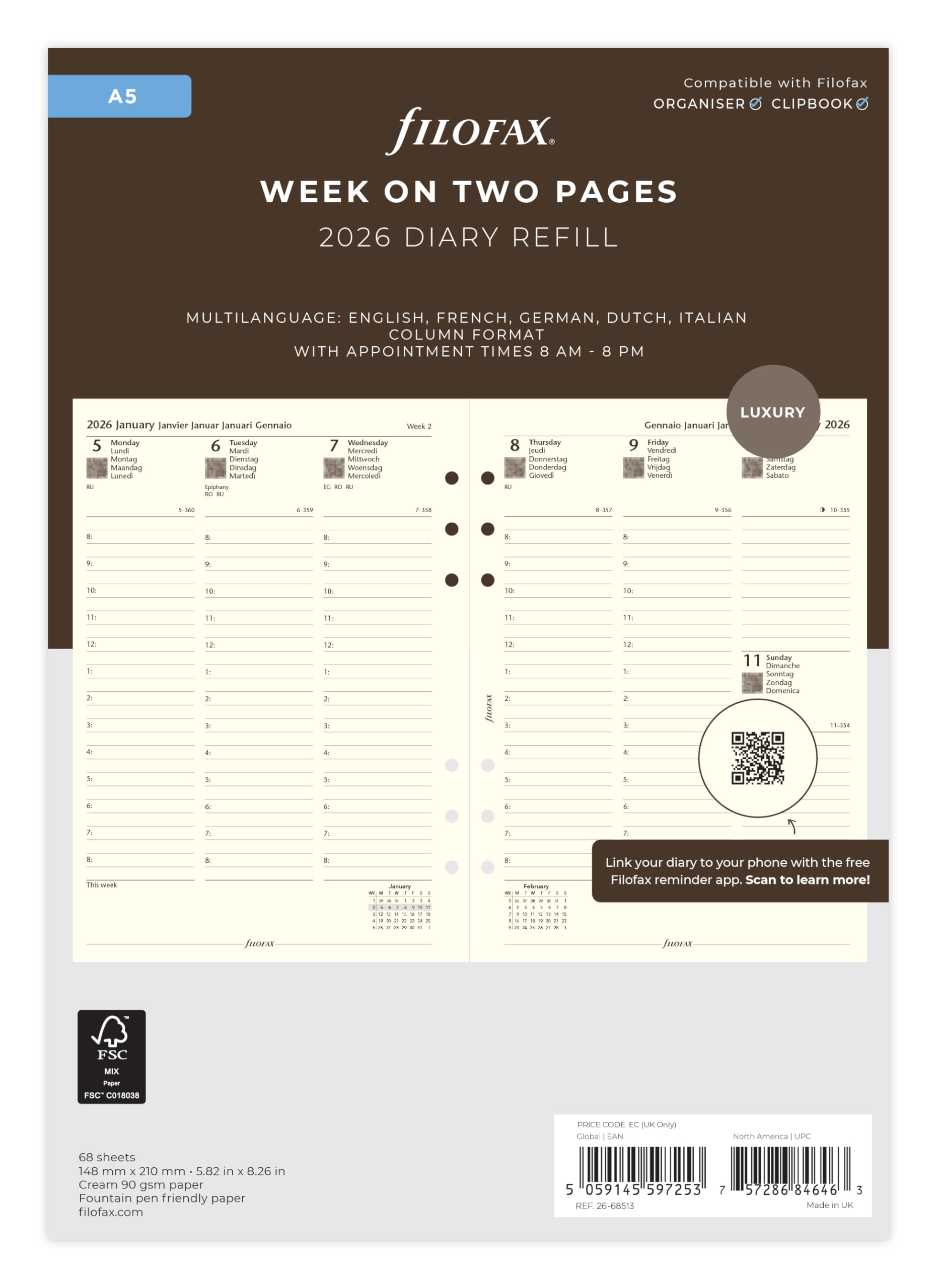 

Filofax System Planner Refill, 2026, January Start, A5, Weekly, Cotton Cream, 26-68513, Official Import