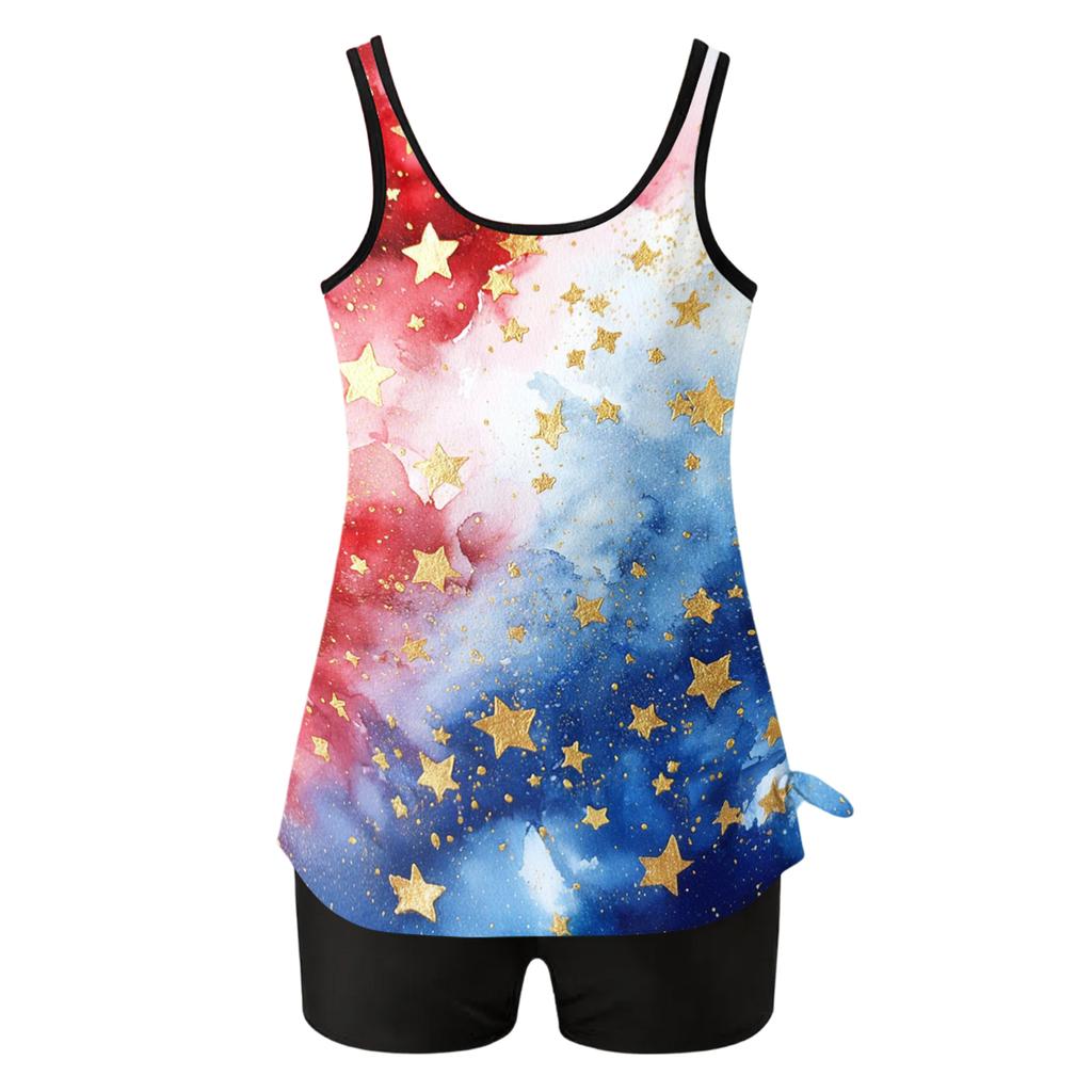 Women’s Sleeveless Tankini Top with Star Print and Gradient Pattern Swimwear Set for Beach or Pool Activities