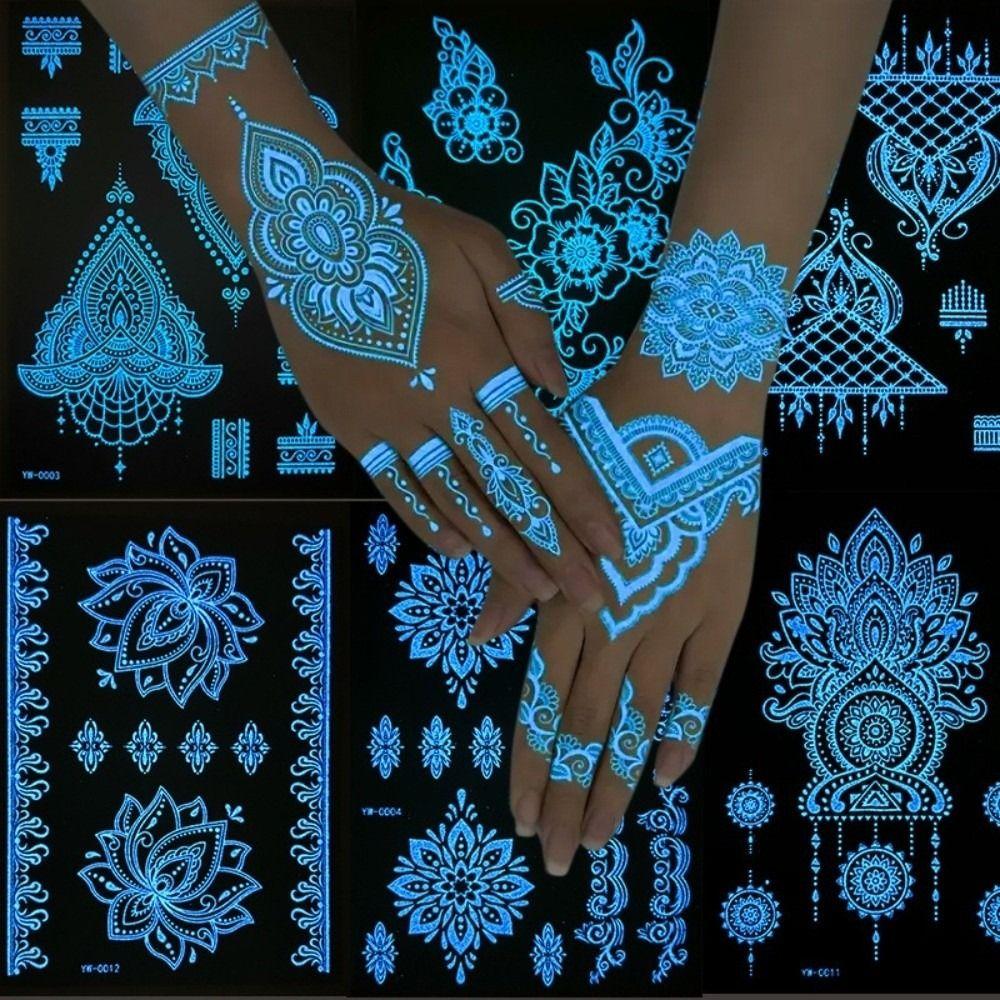 6 Sheets Lasting Mandala Temporary Tattoos Blue Luminous Lace Fake Tattoos  for Women