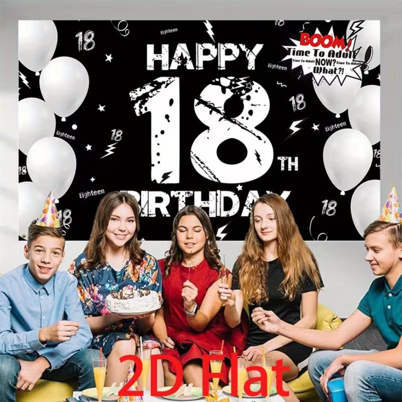 2D Flat 18th Birthday Backdrop Black White Balloon Photo Booth Banner