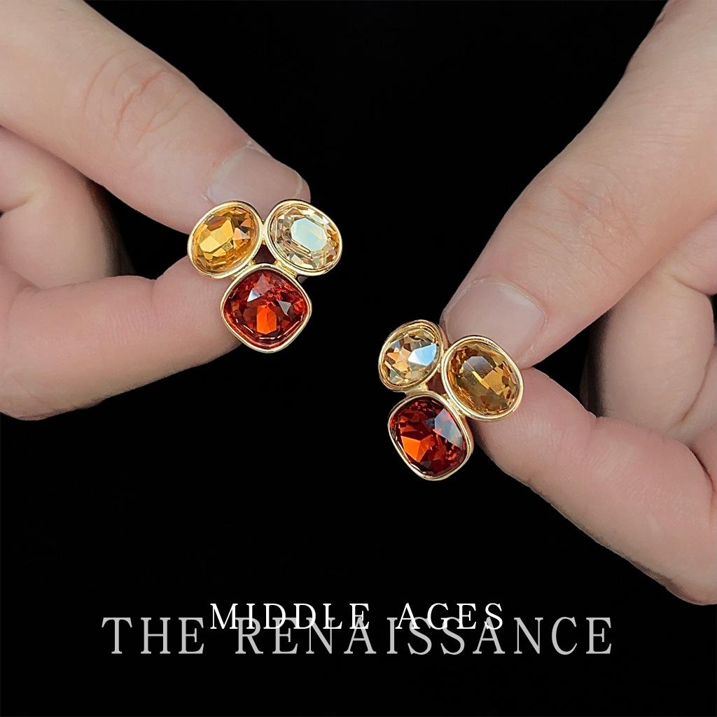 Medieval heavy industry colored treasure zircon stud earrings coffee color light luxury earrings niche retro earrings