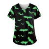 Women's Hallowen Printing Short Sleeve V-neck Tops Working Uniform Pocket Blouse