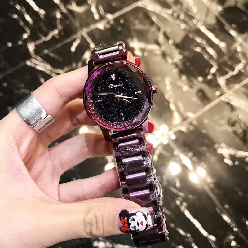 Dámské módní hodinky s ciferníkem Hvězdná obloha, dámské quartzové hodinky, temperamentní bohyně, kamínky, vodotěsné, ocelový náramek