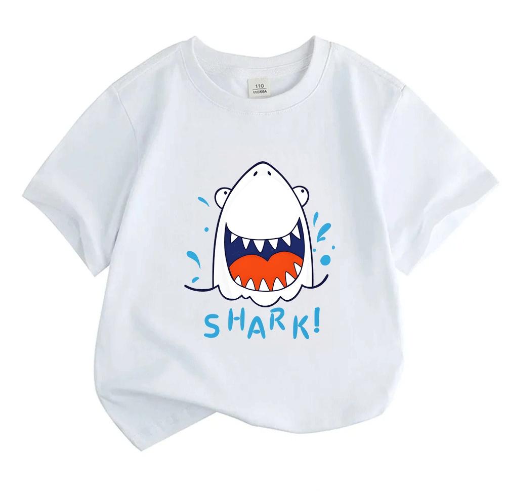 Kids Boys Girls 100% Cotton Crew Neck Short Sleeve T-Shirt, Cute Cartoon Laughing Shark Pattern Casual Summer Soft Breathable Tees for Daily Wear Holi