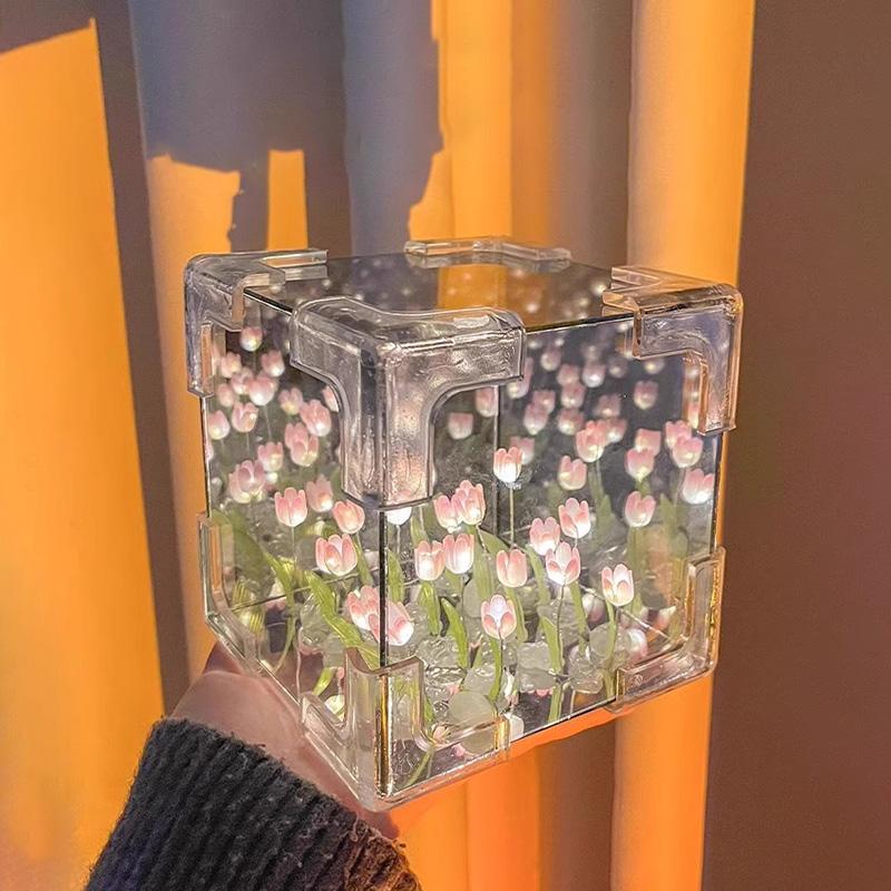 DIY Tulip Mirror Cube Lamp Handmade Craft Tulips Night Light Simulation Flower DIY Material Valentine's Day Decor Birthday Gifts