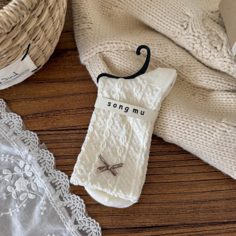 Retro Boneless Socks, Women's Mid-calf Socks, Autumn and Winter Women's Socks, Girls' Bow, Coffee-colored Pile Socks