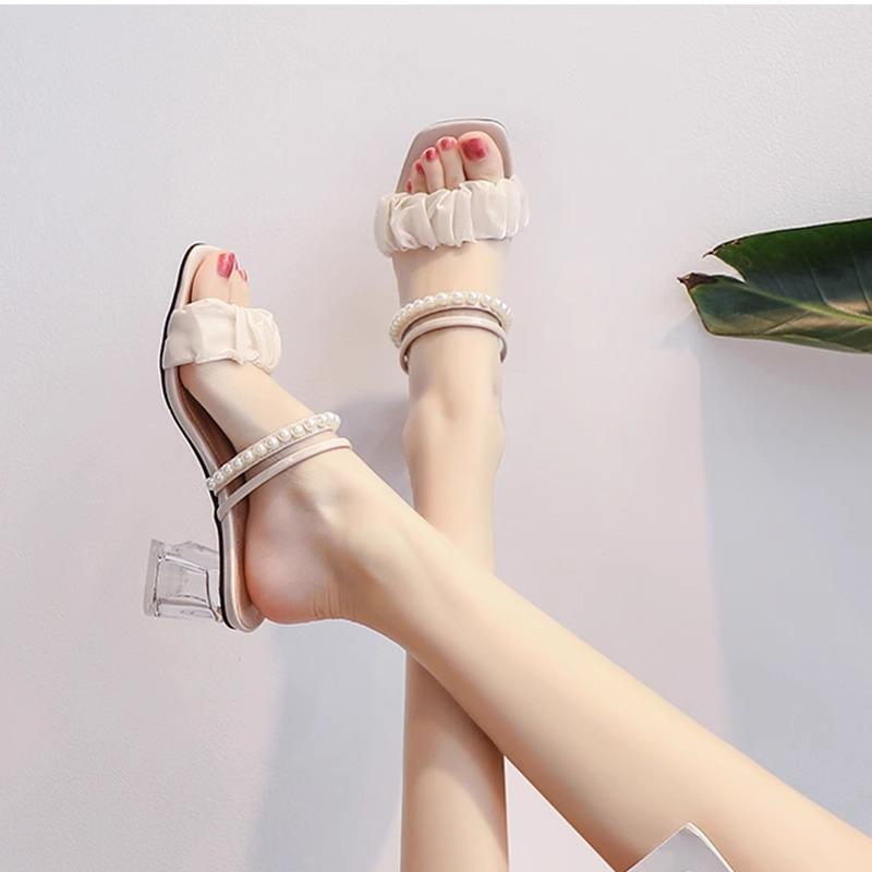 

Cool slippers female 2025 new summer medium heel thick heel French versatile outer wear fairy pearl two wear sandals 40 бежевый