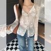 Off-white Bow Lace-up V-neck Long-sleeved T-shirt Inside Women's Autumn New Fungus Edge Bottoming Shirt Top
