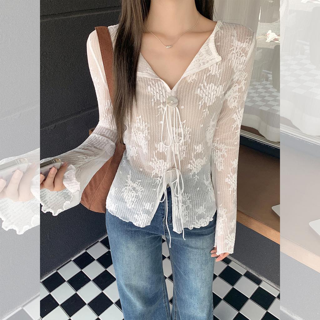 Off-white Bow Lace-up V-neck Long-sleeved T-shirt Inside Women's Autumn New Fungus Edge Bottoming Shirt Top