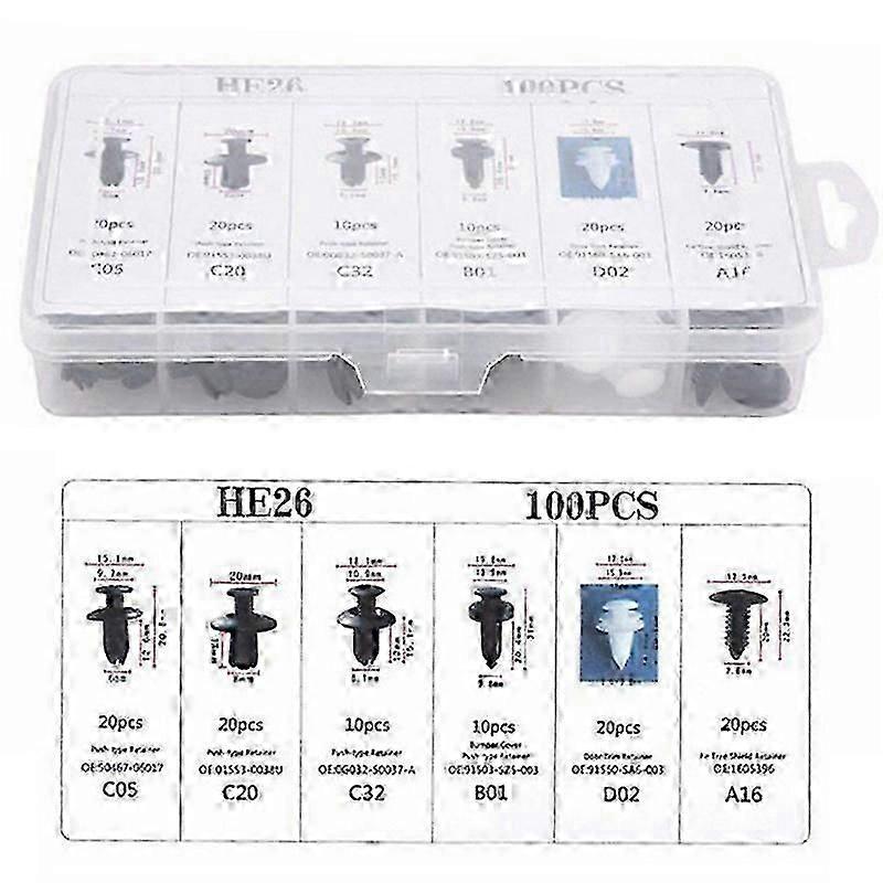 Car Fastener Box Set 100pcs Bumper Retainer Clips Car Rivets Fasteners Auto Accessory