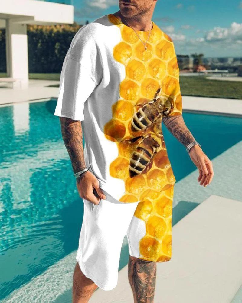 Neuer Sommer 3D geometrischer Musterdruck tägliche Wander-Sportbekleidung Herrenanzug kurzärmeliges T-Shirt + Streetshorts zweiteiliges Set