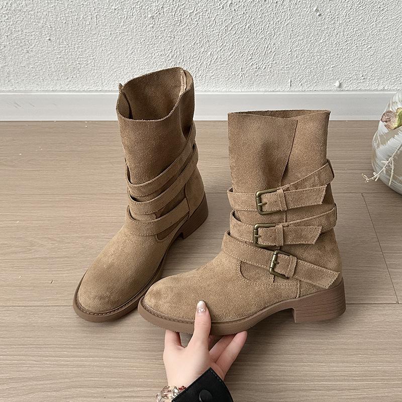 Belt buckle two wear lapel stack boots women's autumn and winter new thick heel Martin boots western cowboy locomotive short boots