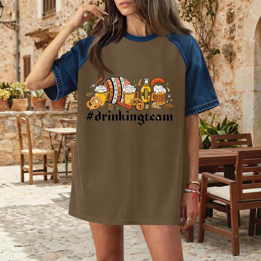 Casual Women Denim Patchwork Oktoberfest Graphic Print Short Sleeve T Shirt Comfortable Loose Fit Summer Top