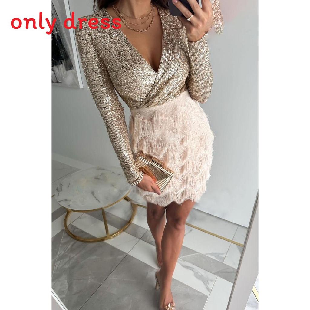 No Brand Readytowear Sparkling Sequin Dress With Long Sleeves For Casual Autumn Winter Fashion