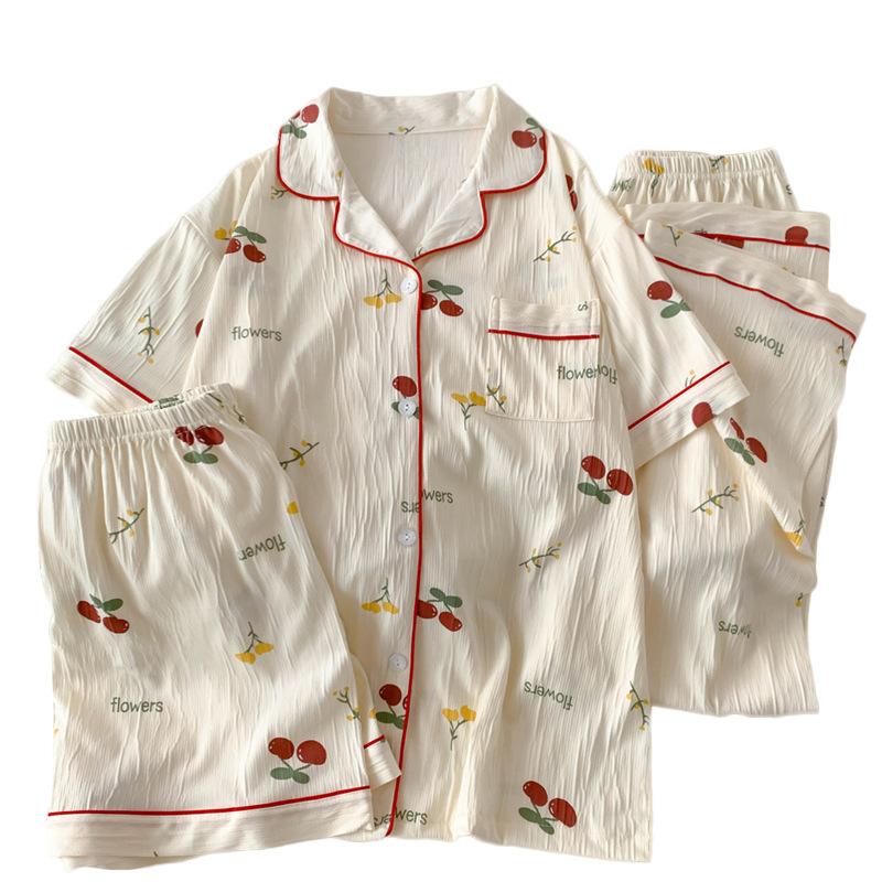 Sweet Cherry Pajamas Women'S Summer Short-Sleeved Cardigan Loungewear Three-Piece Set Can Be Worn Outside