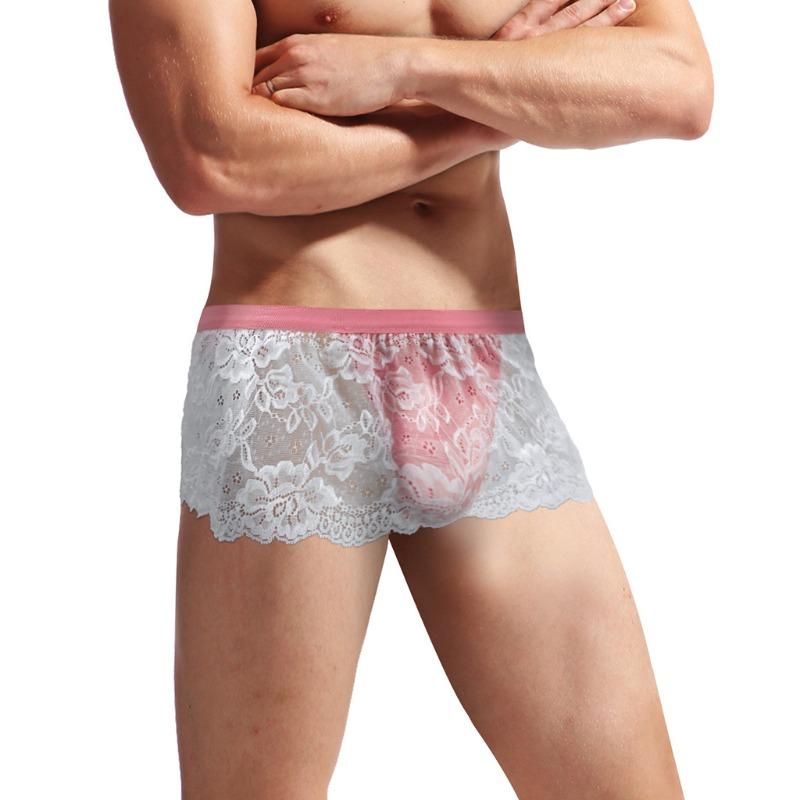 Men Crossdressing Sissy Lace Lingerie Skirted Panties Low Waist Mesh Sheer G-String Frilly Ruffle Hem Briefs Bikini Underwear