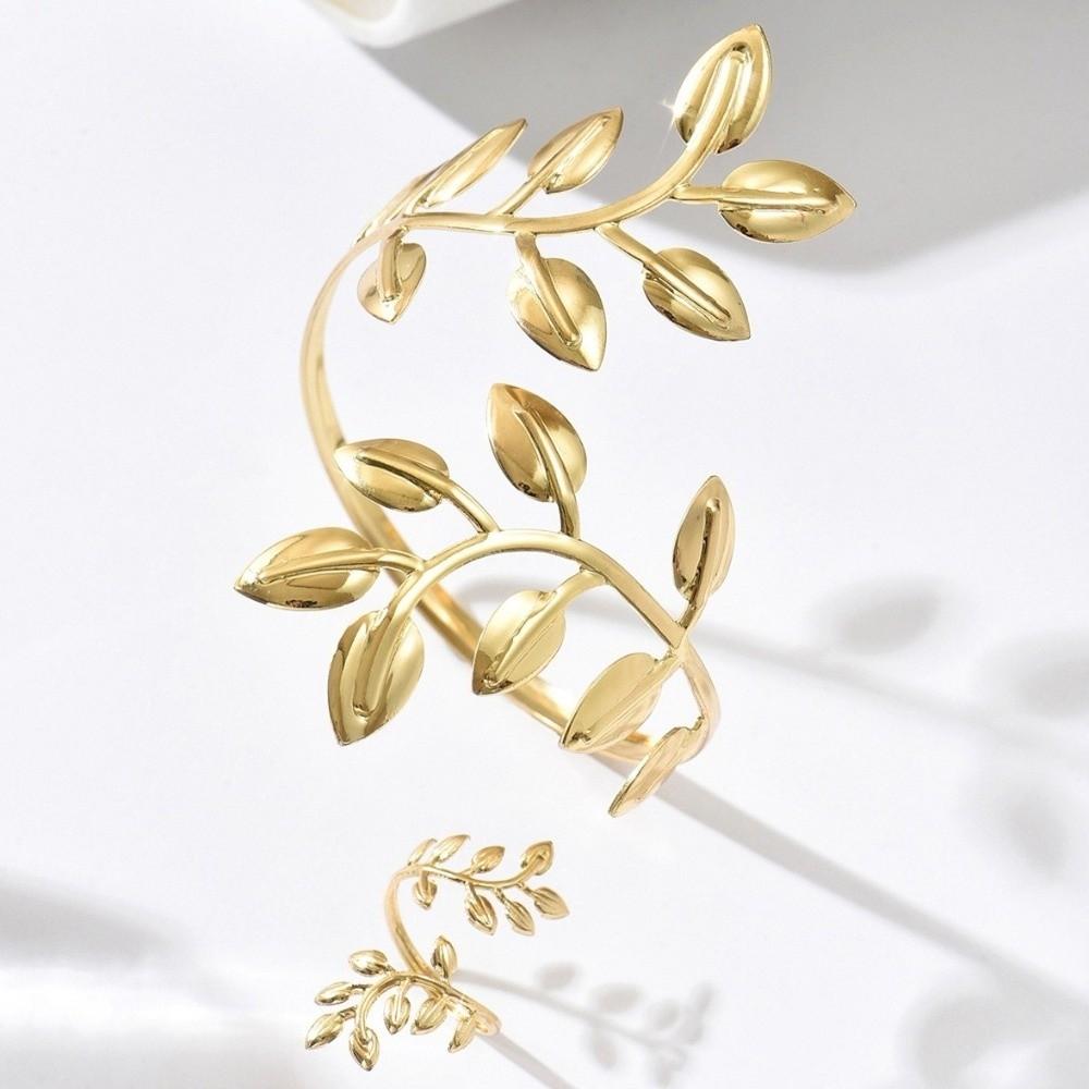 Open Armband Ring Set Gold Jewelry Set Fashion Leaf Upper Arm Cuff  Unisex