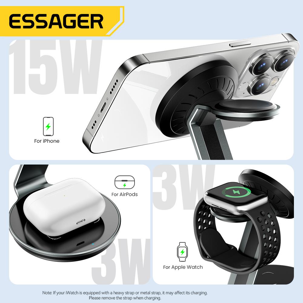 Essager 3 in 1 Magnetic Wireless Charger Bracket for Apple Watch Airpods 15W Fast Charge Dock Station for iPhone 15 14 13 12 Pro