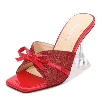 Sandales à talons aiguilles rouges à bouche peu profonde, grande taille, pantoufles à talons hauts, avec nœud à la mode, à bout ouvert, WZ