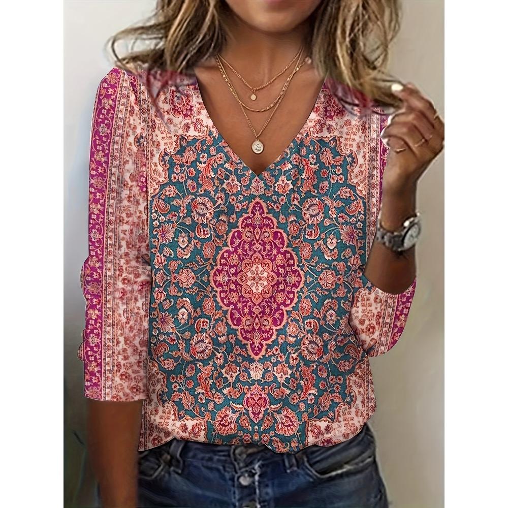 Women s fashionable casual loose ethnic style long-sleeved V-neck T-shirt S