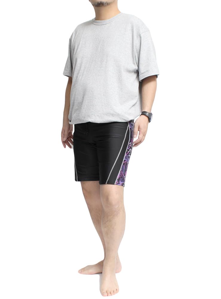 One Colors Men's Fitness Swimsuit, Competition Swimsuit, Plus Size Swim Trunks with Side Stripes, Size 4L, Black and Purple with Charcoal Stitching