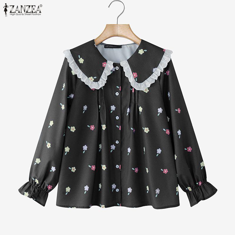 ZANZEA Women Casual Doll Collar Loose Long Sleeve Floral Blouse