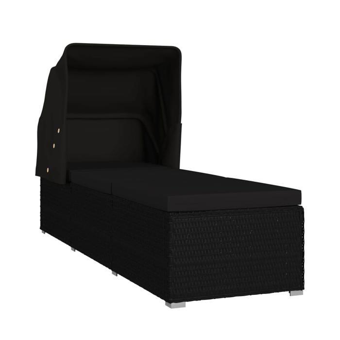 VidaXL Chaise longue avec auvent et coussin Résine tressée Noir