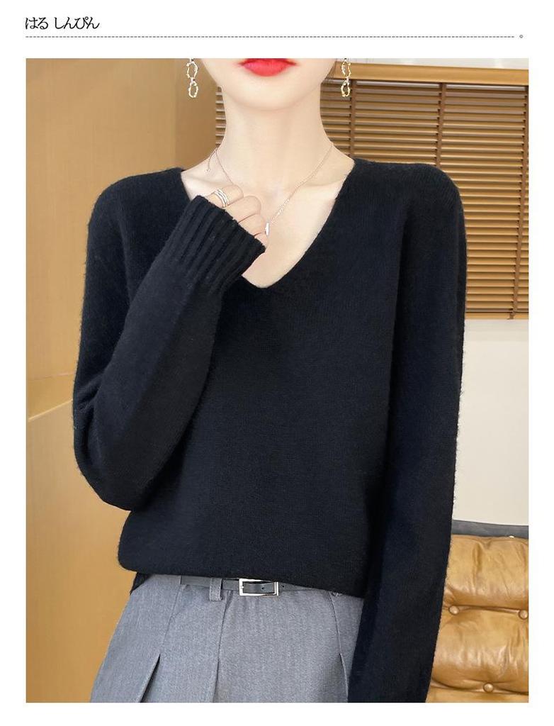 Minimalist 100% Wool V-Neck Sweater: Seamless, Solid Color, Long Sleeve, New Women's Knit