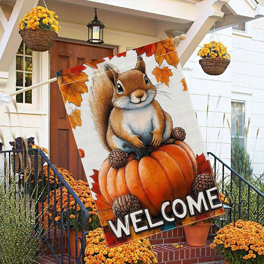 Welcome To Autumn" Thanksgiving Garden Flag - Double-Sided, Featuring Squirrels, Acorns & Pumpkins - Durable Polyester Outdoor Decor for Fall